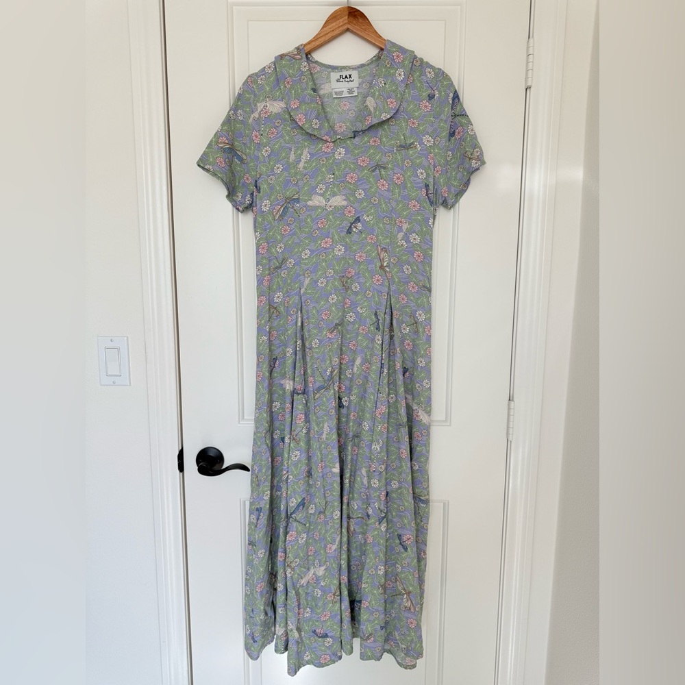 Vintage FLAX Cottagecore Lavender Floral Midi Dress Collared Prairiecore Large - Picture 8 of 9
